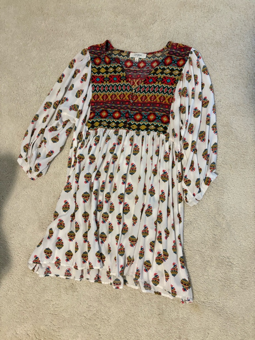 Umgee White Boho Dress with Red and Green Embroidered Yoke